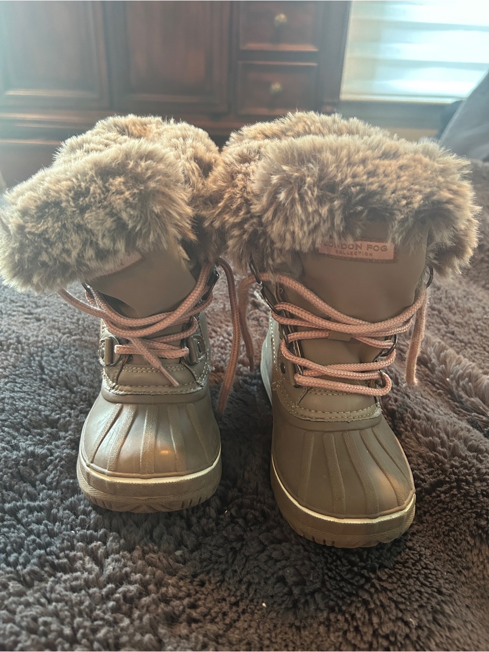 London Fog Kids Brown Faux-Fur Lace-Up Snow Boots